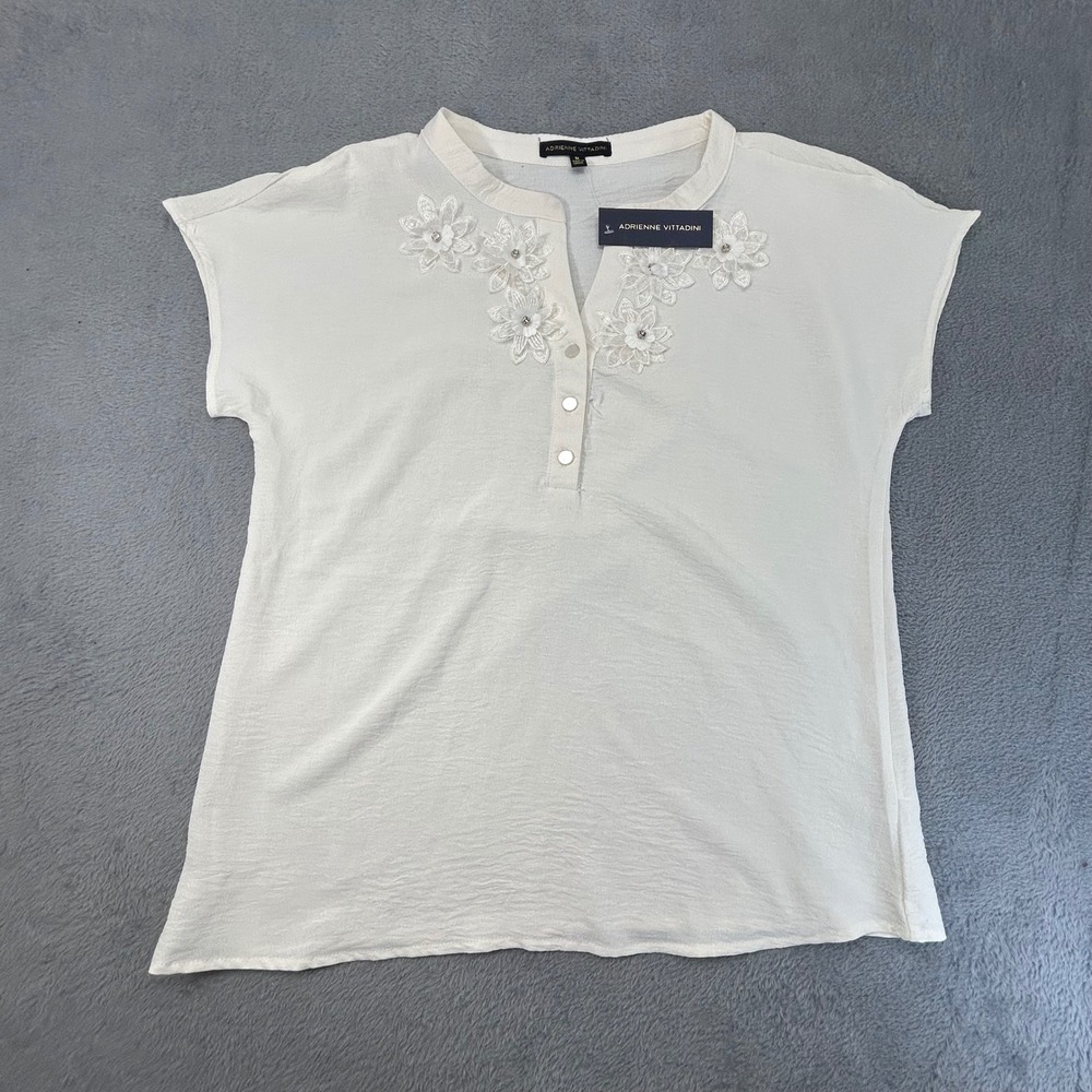Adrienne Vittadini White Floral Applique Henley Blouse VW340109 Womens Med NEW